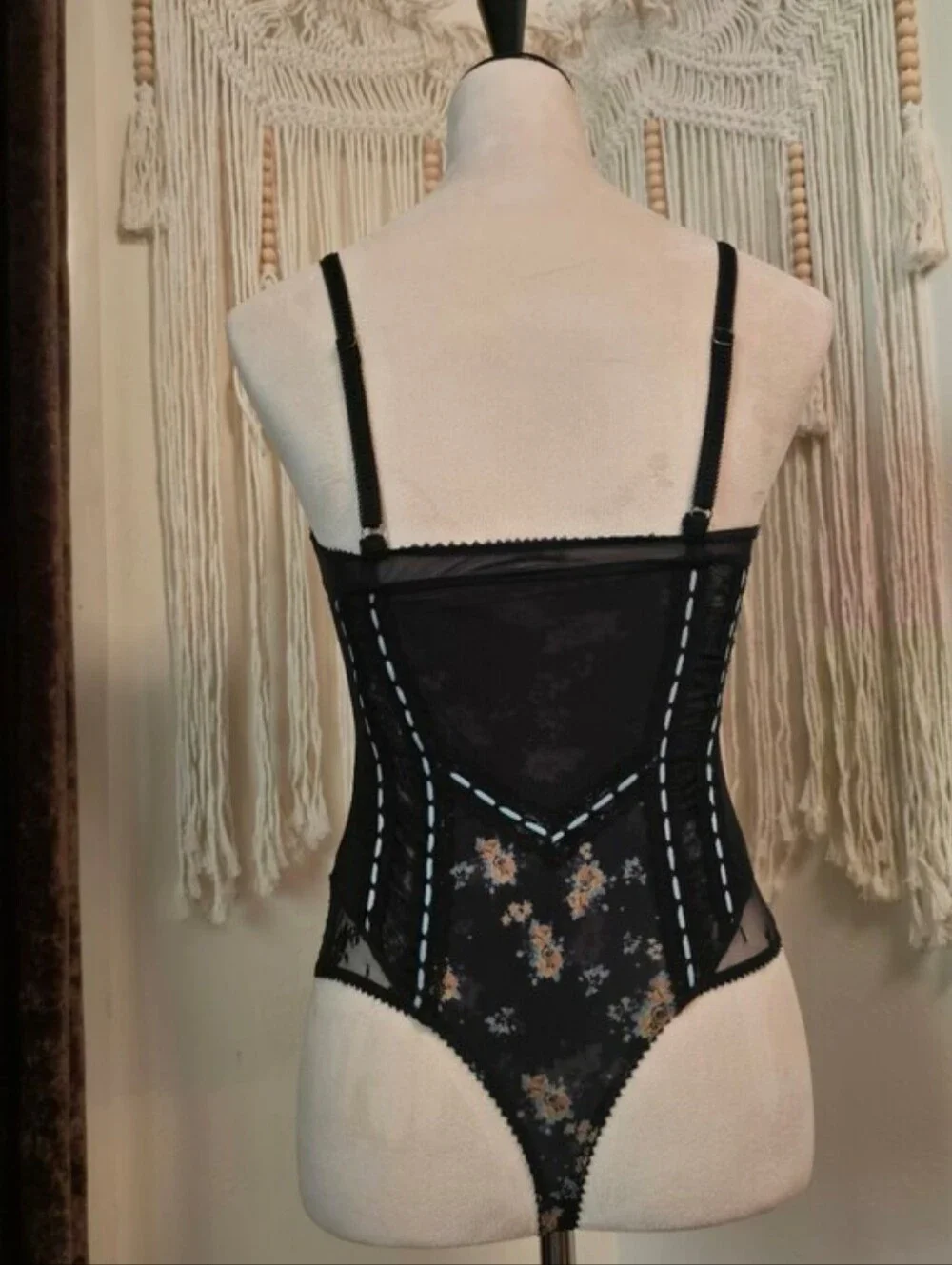 Free People Black Floral Lace Bodysuit with Blue Trim